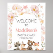ピンクのフローラウッドランド動物の赤ちゃんシャワーへようこそ ポスター (正面)