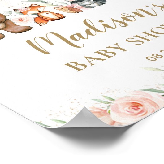 ピンクのフローラウッドランド動物の赤ちゃんシャワーへようこそ ポスター (角)