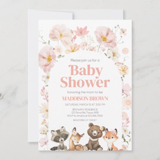 ピンクのフローラウッドランド動物の赤ちゃんシャワー 招待状 (正面)