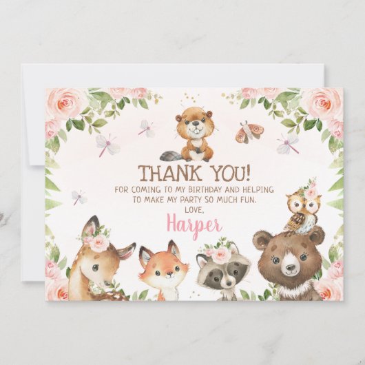 ピンクのフローラウッドランド動物サンキューカード 招待状 (正面)