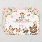 ピンクのフローラウッドランド動物サンキューカード 招待状 (正面/裏面)