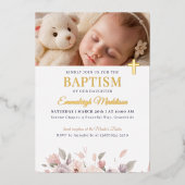 ピンクのフローラエレガンスと写真とクロスバプテスマ 箔招待状 (正面)