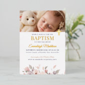 ピンクのフローラエレガンスと写真とクロスバプテスマ 箔招待状 (立ち正面)