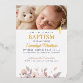 ピンクのフローラエレガンスと写真とクロスバプテスマ 箔招待状 (正面)