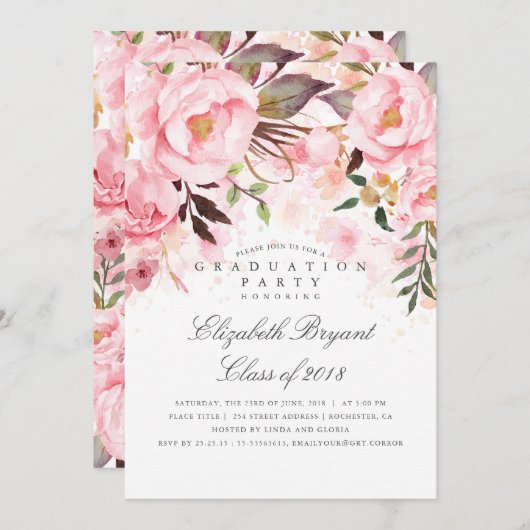 ピンクのフローラエレガントと卒業モダンパーティー 招待状 (正面/裏面)