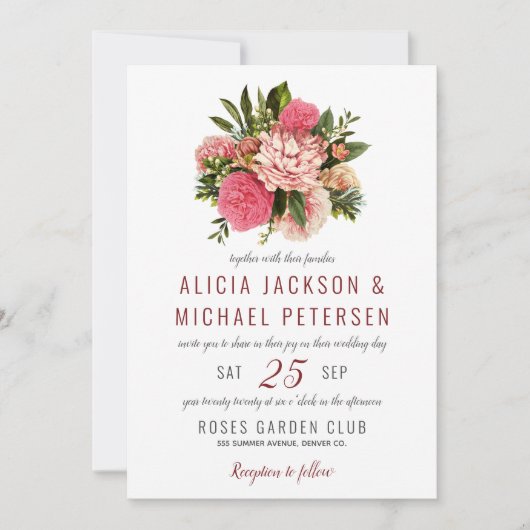 ピンクのフローラエレガントの緑の素朴なボ結婚ホの 招待状 (正面)