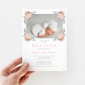 ピンクのフローラエレガントガールフォトバプテスマ 招待状