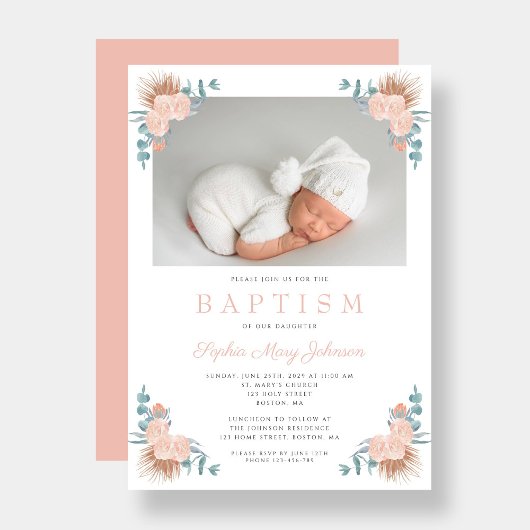 ピンクのフローラエレガントガールフォトバプテスマ 招待状