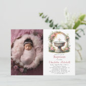 ピンクのフローラエレガントクロスバプテスマ写真 招待状 (スタンド正面)