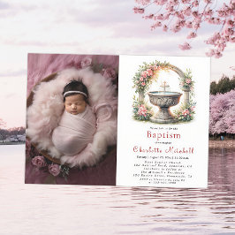 ピンクのフローラエレガントクロスバプテスマ写真 招待状