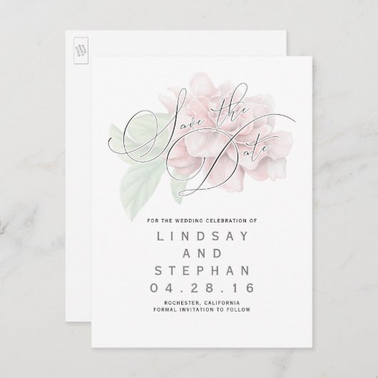 ピンクのフローラエレガントタイポグラフィ日付の保存 案内ポストカード (正面/裏面)