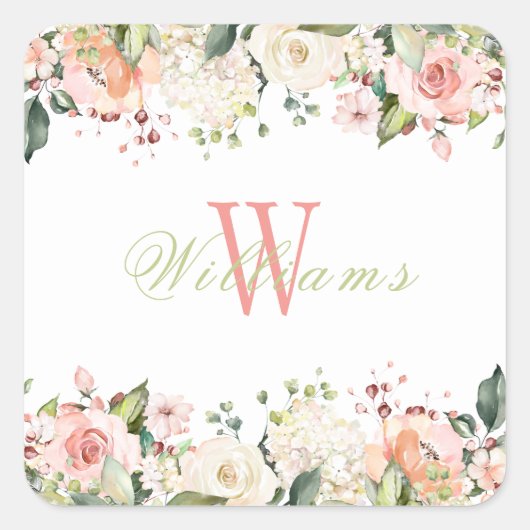 ピンクのフローラエレガントバラモノグラム名 スクエアシール (正面)