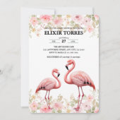 ピンクのフローラエレガントフラミンゴベビーシャワー 招待状 (正面)