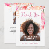 ピンクのフローラエレガントモダン写真 サンキューカード (正面/裏面)