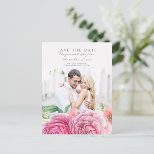 ピンクのフローラエレガント写真の日付の保存 案内ポストカード (スタンド正面)