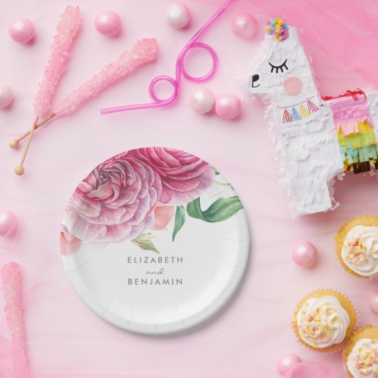 ピンクのフローラエレガント水色結婚植物 ペーパープレート (パーティー)