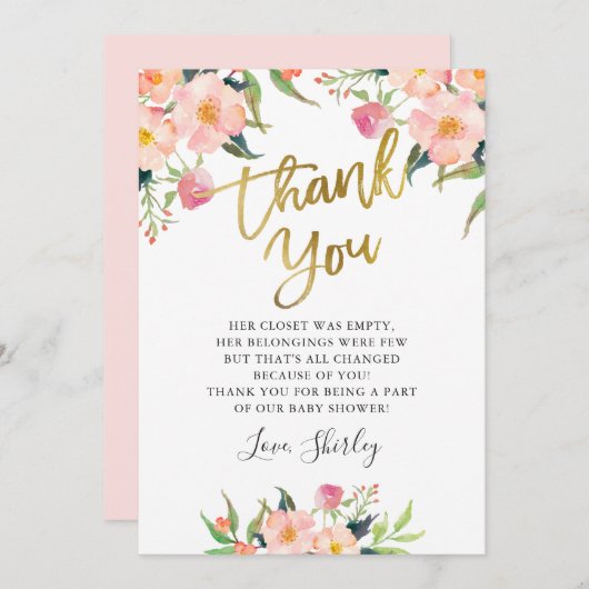 ピンクのフローラエレガント金ゴールドスクリプトベビーシャワー サンキューカード (正面/裏面)