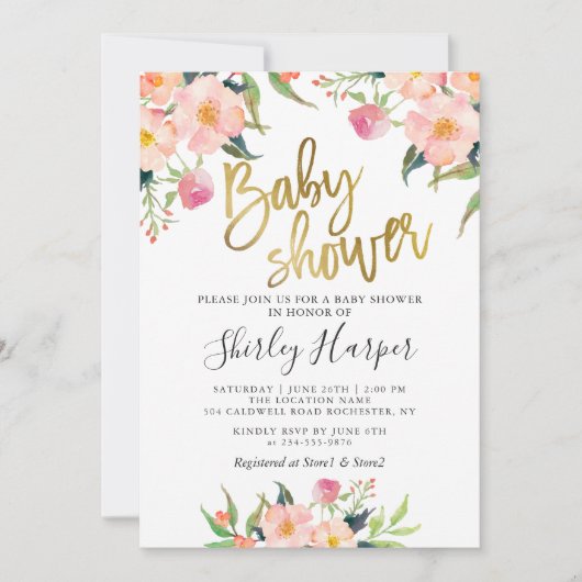 ピンクのフローラエレガント金ゴールドスクリプトベビーシャワー 招待状 (正面)