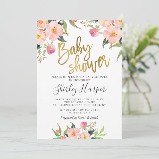 ピンクのフローラエレガント金ゴールドスクリプトベビーシャワー 招待状 (スタンド正面)