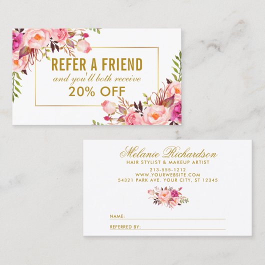 ピンクのフローラエレガント金ゴールドフレームの紹介 名刺 (正面/裏面)