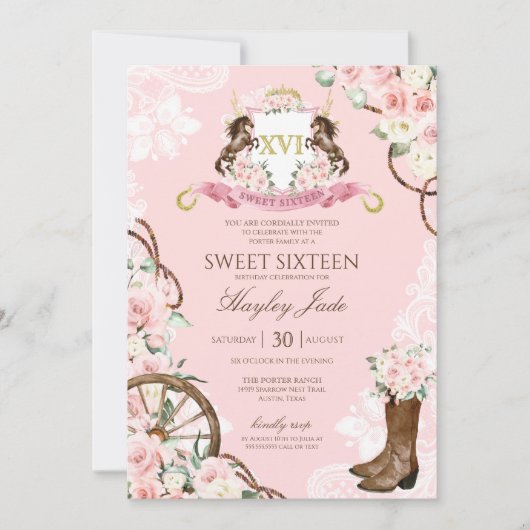 ピンクのフローラエレガント&クレスト女性のカーボーイランチスイーツ16 招待状 (正面)