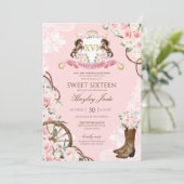 ピンクのフローラエレガント&クレスト女性のカーボーイランチスイーツ16 招待状 (スタンド正面)