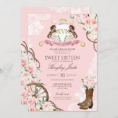 ピンクのフローラエレガント&クレスト女性のカーボーイランチスイーツ16 招待状 (正面/裏面)