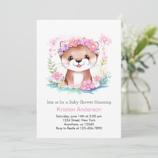 ピンクのフローラオッターの夢の風景ガールベイビーシャワー 招待状 (スタンド正面)