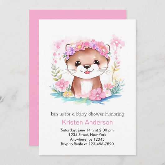 ピンクのフローラオッターの夢の風景ガールベイビーシャワー 招待状 (正面/裏面)