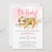 ピンクのフローラオ赤ちゃん女の子かわいいナマケモノ赤ちゃんシャワー 招待状 (正面)