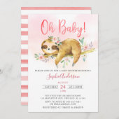 ピンクのフローラオ赤ちゃん女の子かわいいナマケモノ赤ちゃんシャワー 招待状 (正面/裏面)