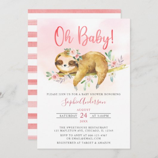 ピンクのフローラオ赤ちゃん女の子かわいいナマケモノ赤ちゃんシャワー 招待状 (正面/裏面)