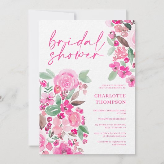 ピンクのフローラカジュアルスクリプトブライダルシャワー 招待状 (正面)