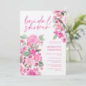 ピンクのフローラカジュアルスクリプトブライダルシャワー 招待状 (スタンド正面)