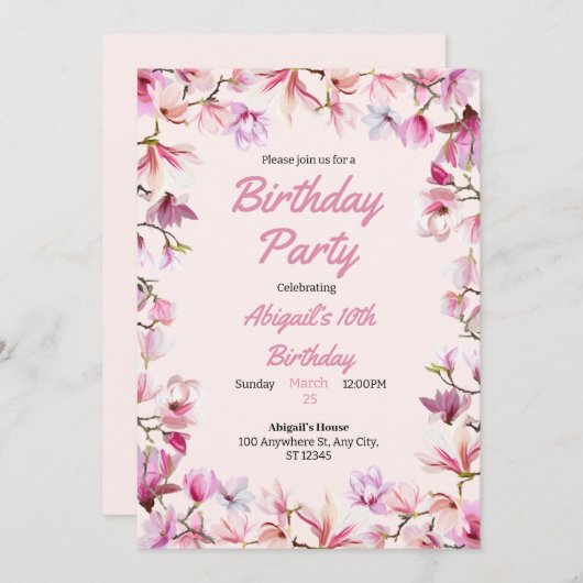 ピンクのフローラカスタマイズ可能な誕生日パーティーの招待 招待状 (正面/裏面)