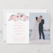 ピンクのフローラカスタムとカップルの結婚写真 招待状 (正面)
