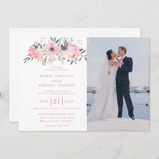 ピンクのフローラカスタムとカップルの結婚写真 招待状 (正面/裏面)