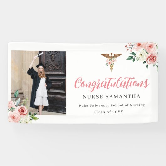 ピンクのフローラカドセウスおめでとうナース写真 横断幕 (横)