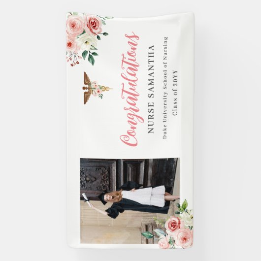 ピンクのフローラカドセウスおめでとうナース写真 横断幕 (縦)