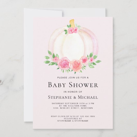 ピンクのフローラカボチャのカップル赤ちゃんシャワー 招待状 (正面)