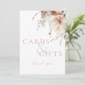 ピンクのフローラカードとギフトのブライダルシャワー記号 プログラム (スタンド正面)