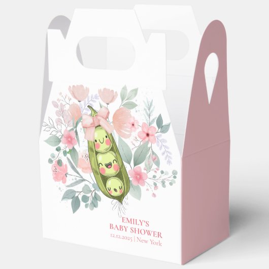 ピンクのフローラガーデンスイートピーインポッドベビーシャワー フェイバーボックス (見開き)