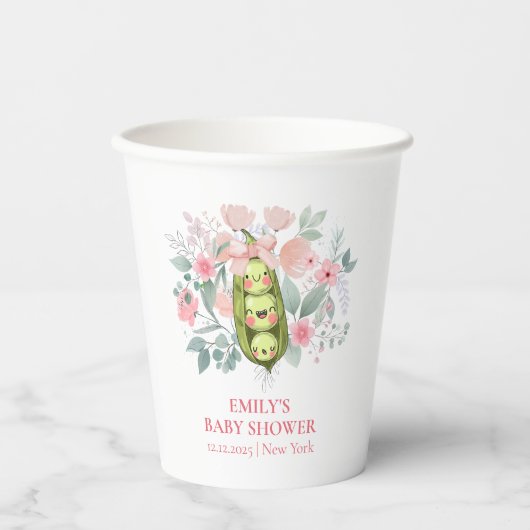 ピンクのフローラガーデンスイートピーインポッドベビーシャワー 紙コップ (正面)