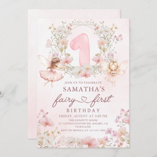 ピンクのフローラガーデンフェアリーファースト誕生日 招待状 (正面/裏面)