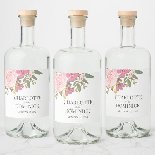 ピンクのフローラガーデン春の結婚式の好意 リキュールボトルラベル (ボトル)