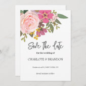 ピンクのフローラガーデン春の結婚式日付の保存 招待状 (正面/裏面)