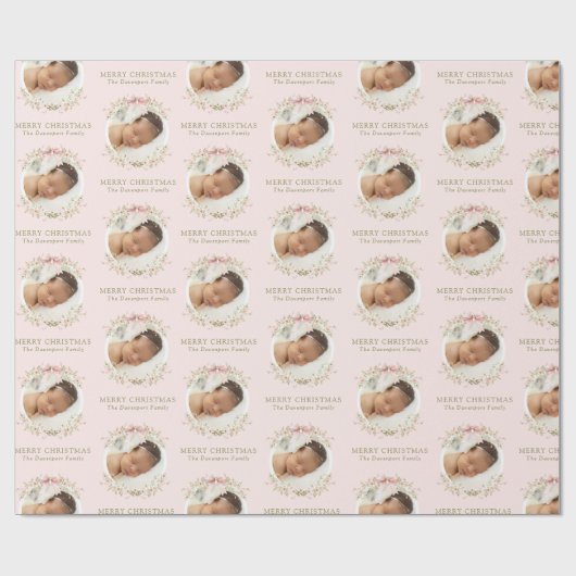 ピンクのフローラガーリーコケットボーフォトクリスマス ラッピングペーパー (フラット)