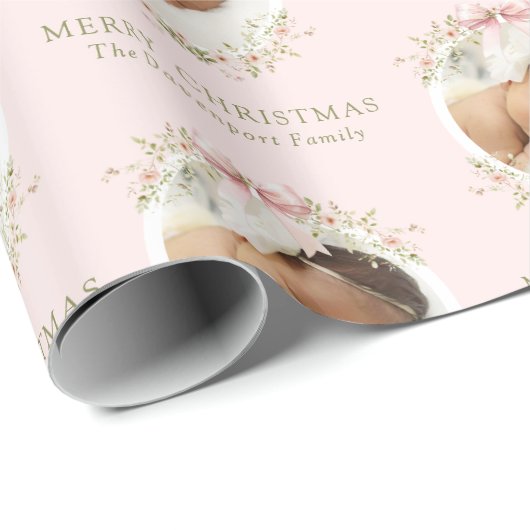 ピンクのフローラガーリーコケットボーフォトクリスマス ラッピングペーパー (ロールコーナー)