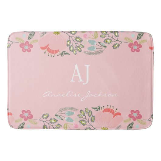 ピンクのフローラガーリーモノグラム名パーソナライズされた バスマット (正面)