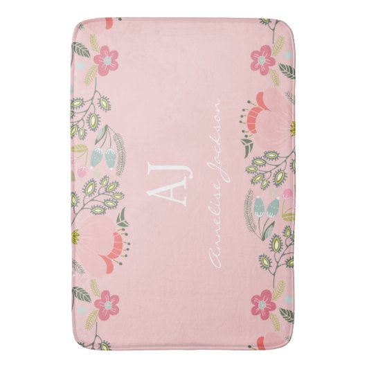 ピンクのフローラガーリーモノグラム名パーソナライズされた バスマット (正面縦)